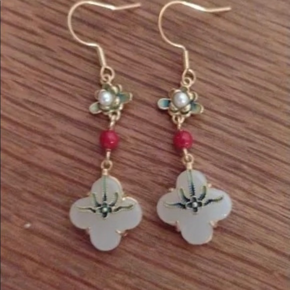 Natural Hetian Jade Chinese Vintage Lotus Enamel Porcelain Earrings - Picture 5 of 5